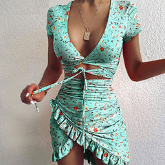 Floral Printed V-Neck Ruffles Empire Waist Mini Bodycon Dress