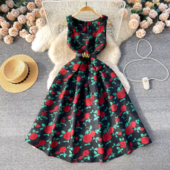 Floral Printed Square Collar Sleeveless Female A-line Belted Long Dresses