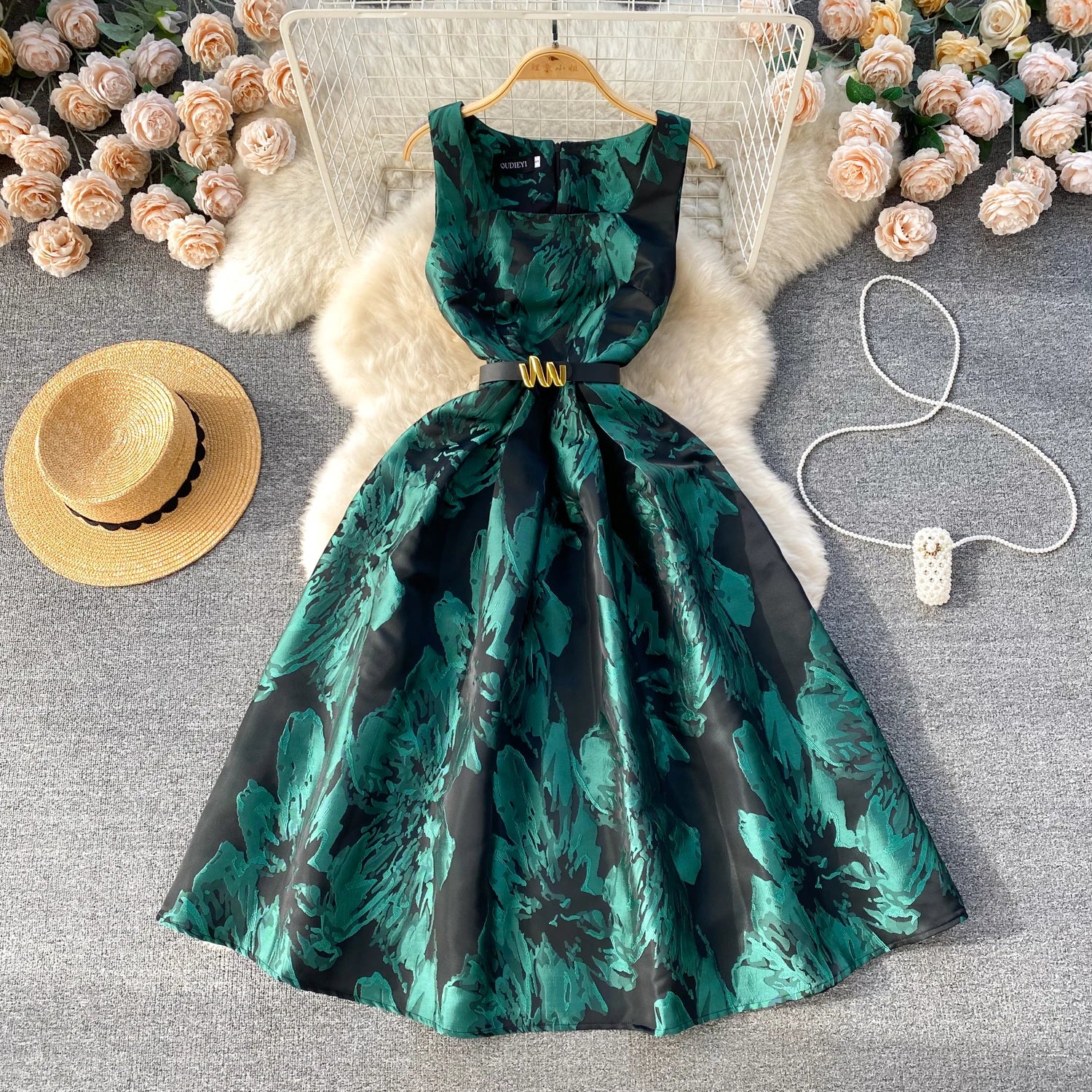Floral Printed Square Collar Sleeveless Female A-line Belted Long Dresses