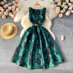 Floral Printed Square Collar Sleeveless Female A-line Belted Long Dresses