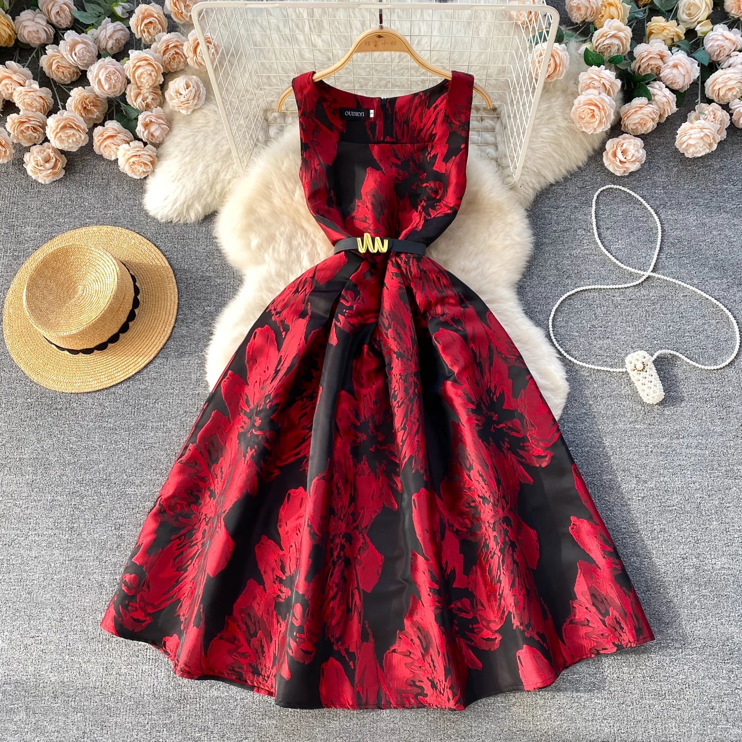 Floral Printed Square Collar Sleeveless Female A-line Belted Long Dresses