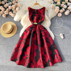 Floral Printed Square Collar Sleeveless Female A-line Belted Long Dresses