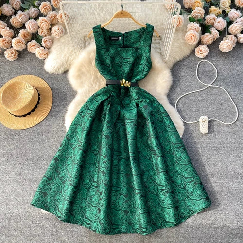 Floral Printed Square Collar Sleeveless Female A-line Belted Long Dresses