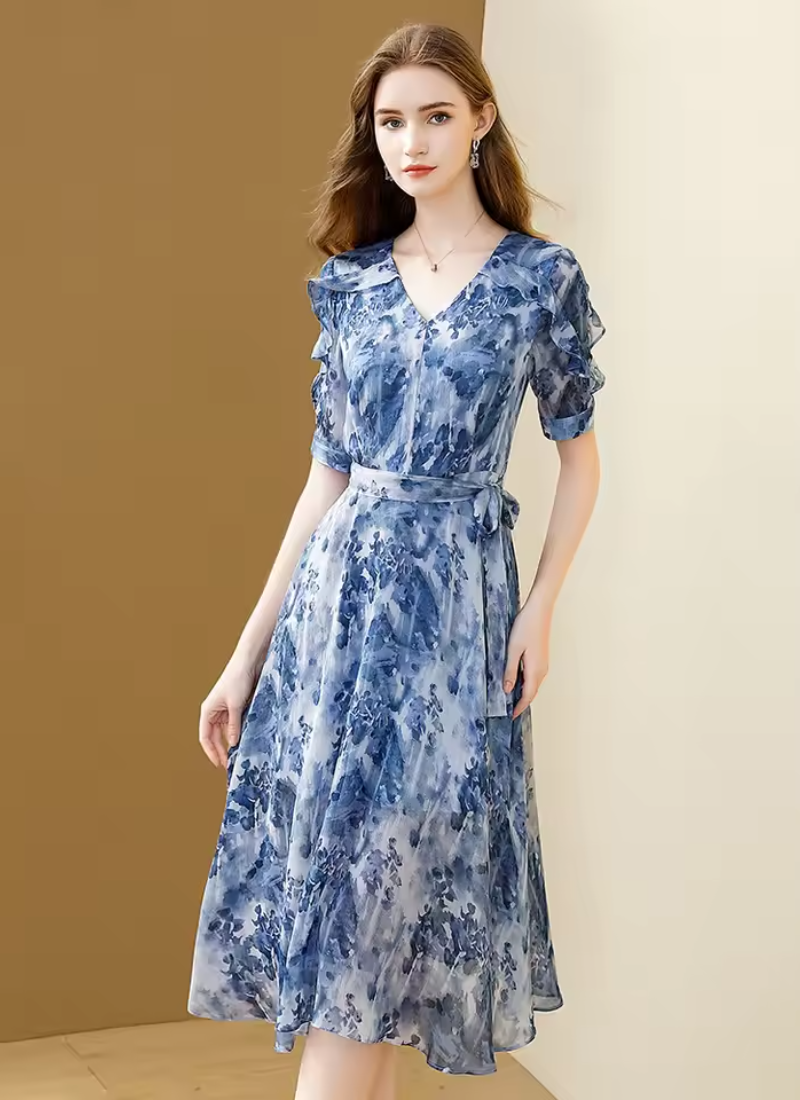 Floral Printing Chiffon V-Neck Elegant Office A-line Party Slim Midi Dresses