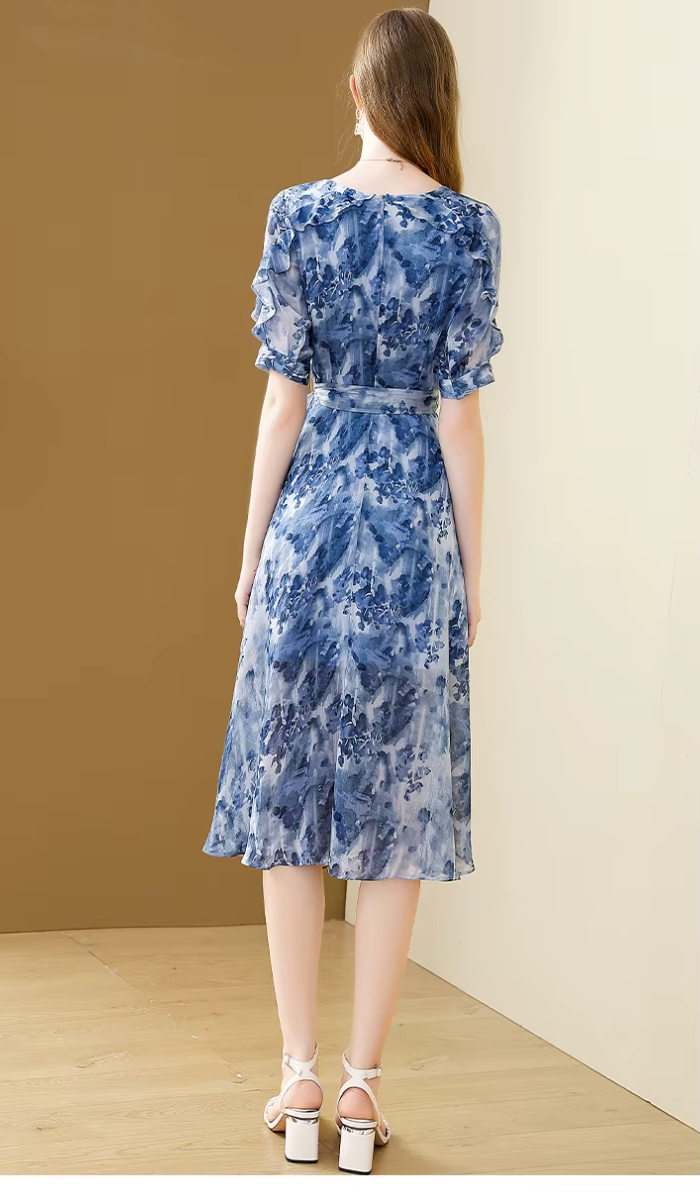 Floral Printing Chiffon V-Neck Elegant Office A-line Party Slim Midi Dresses