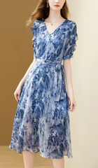 Floral Printing Chiffon V-Neck Elegant Office A-line Party Slim Midi Dresses