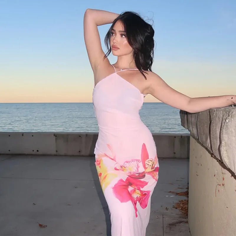 Floral Printing Sleeveless Backless Holiday Outfits Beach Party Dresses