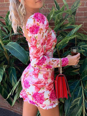 Pleated Ruched Floral Print Long Sleeves Bodycon Short Dress