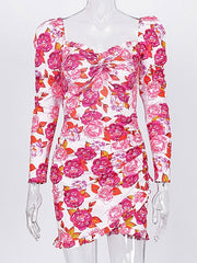 Pleated Ruched Floral Print Long Sleeves Bodycon Short Dress