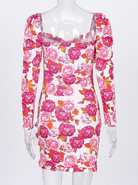 Pleated Ruched Floral Print Long Sleeves Bodycon Short Dress