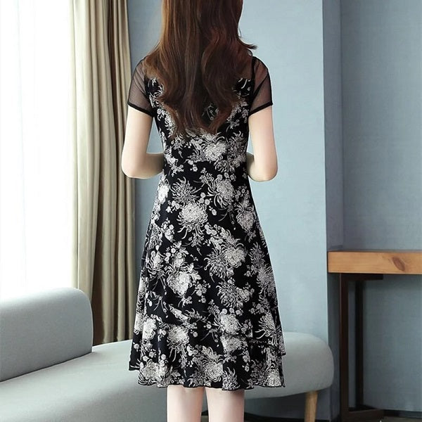 Floral Short Sleeve Casual Chiffon Dress