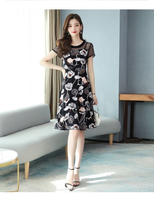 Floral Short Sleeve Casual Chiffon Dress
