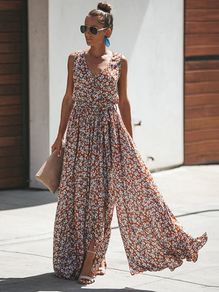 Floral Sleeveless V Neck Split  Maxi Dresses