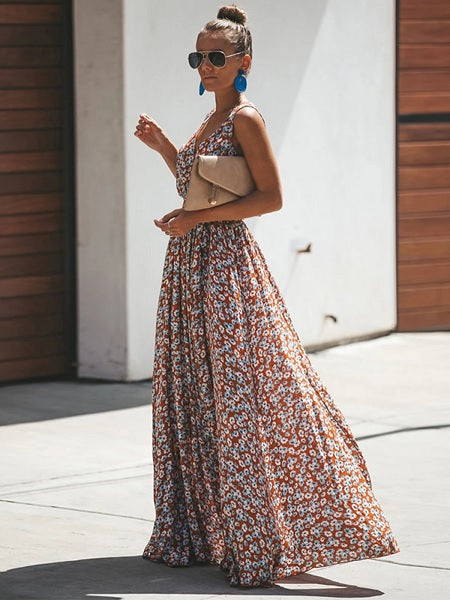 Floral Sleeveless V Neck Split  Maxi Dresses