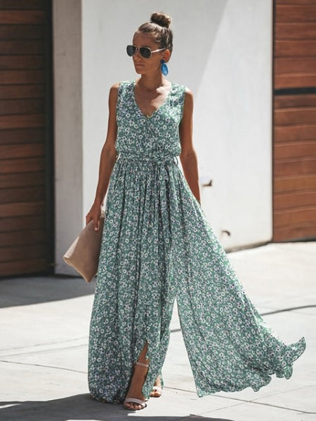 Floral Sleeveless V Neck Split  Maxi Dresses