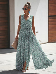 Floral Sleeveless V Neck Split  Maxi Dresses