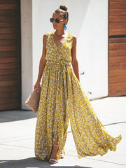 Floral Sleeveless V Neck Split  Maxi Dresses