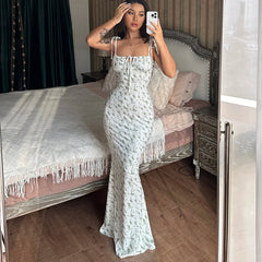 Floral Spaghetti Strap Beach Vacation Streetwear Long Bodycon Dress