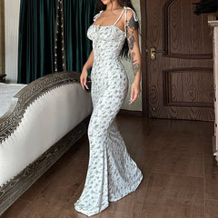 Floral Spaghetti Strap Beach Vacation Streetwear Long Bodycon Dress