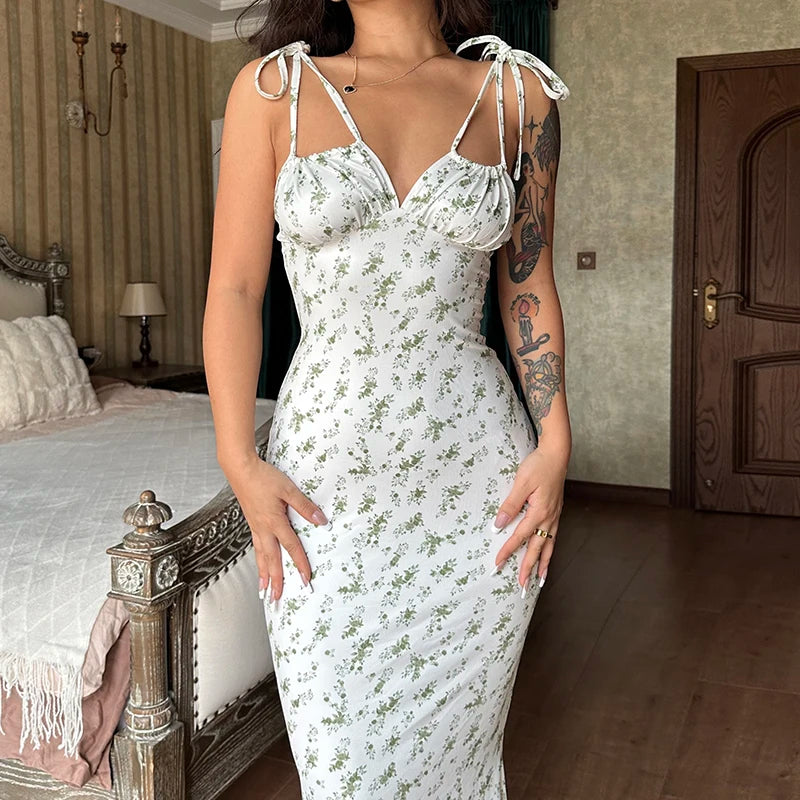 Floral Spaghetti Strap Beach Vacation Streetwear Long Bodycon Dress