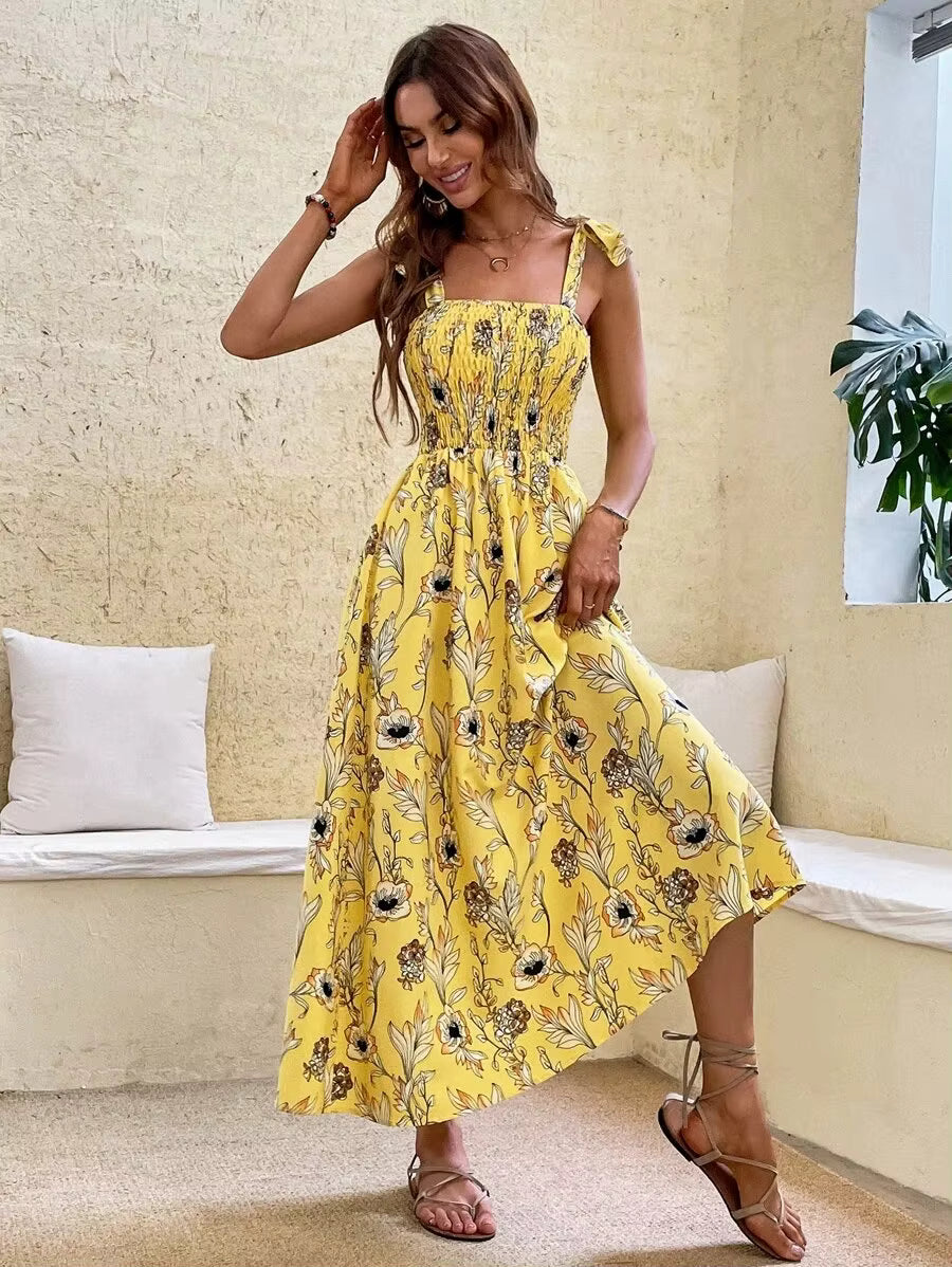 Floral Spaghetti Strap Sleeveless Bandage Beach Ankle-Length Sundress