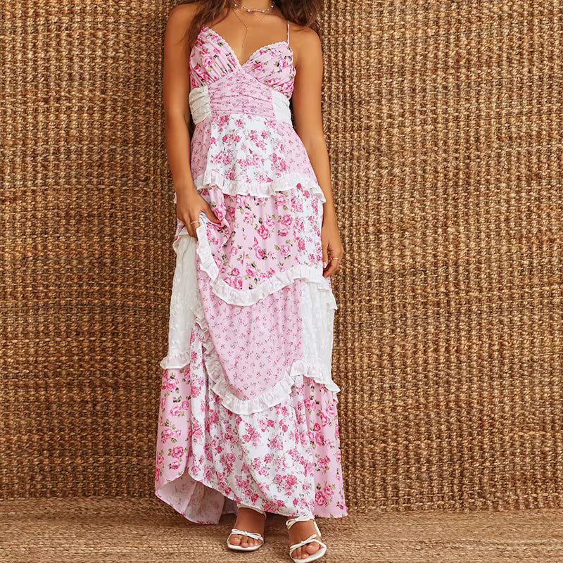 Floral Spaghetti Strap V-Neck Low Cut Ruffle Beach Style Flowy Maxi Dress