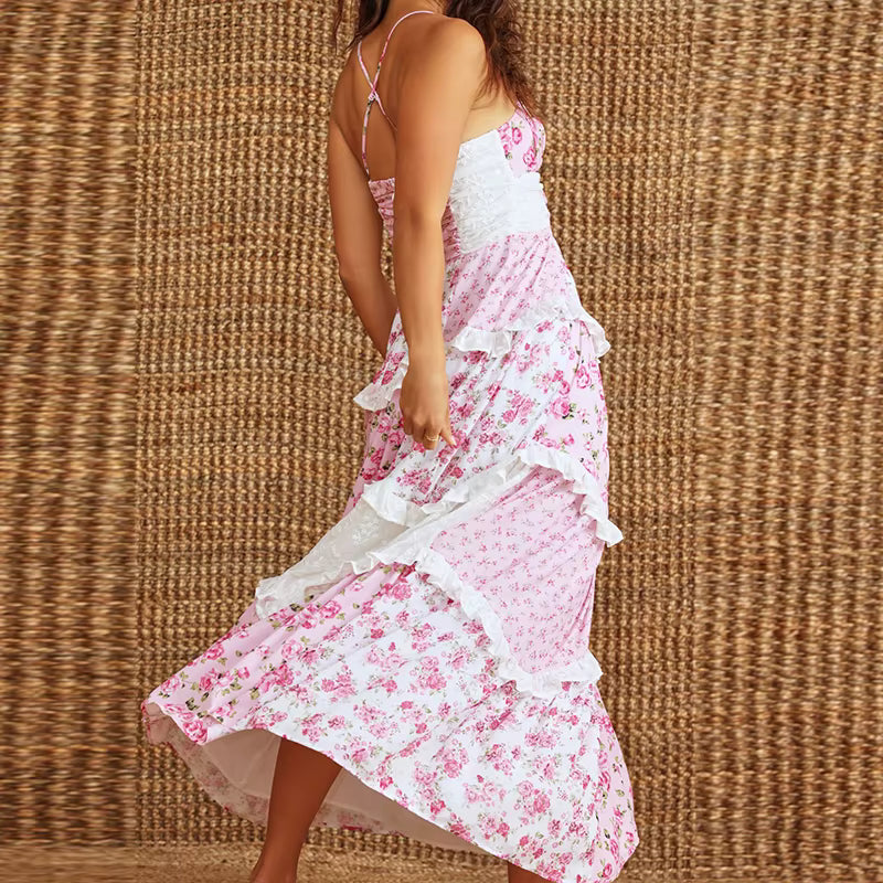 Floral Spaghetti Strap V-Neck Low Cut Ruffle Beach Style Flowy Maxi Dress