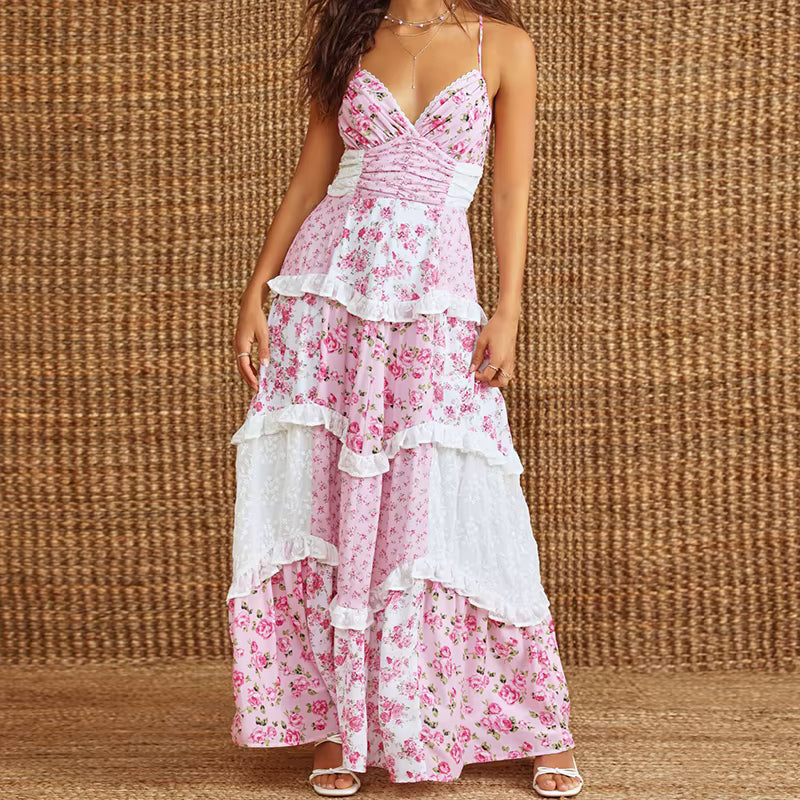 Floral Spaghetti Strap V-Neck Low Cut Ruffle Beach Style Flowy Maxi Dress