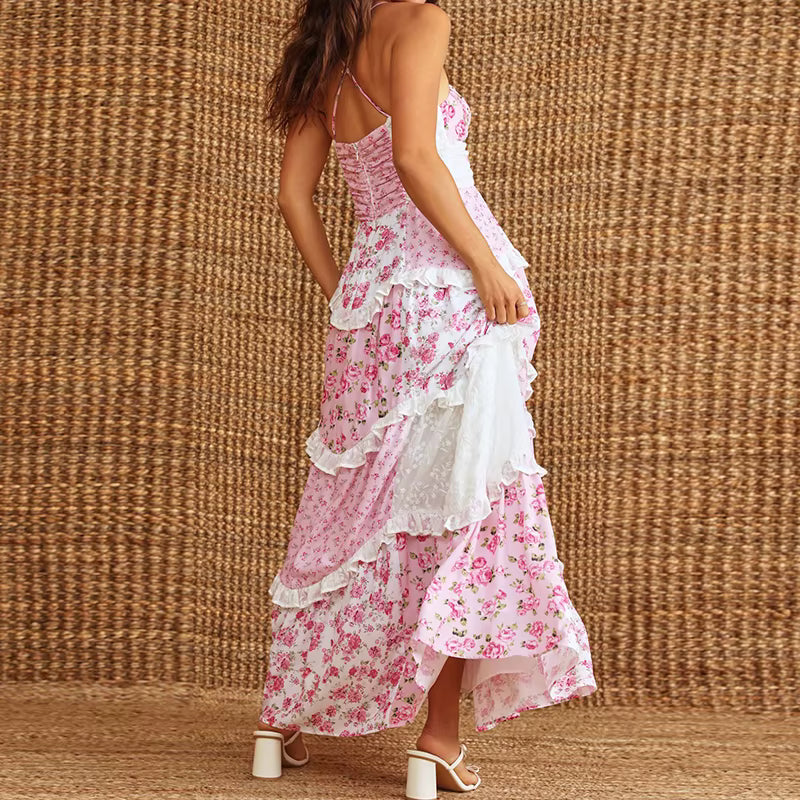 Floral Spaghetti Strap V-Neck Low Cut Ruffle Beach Style Flowy Maxi Dress