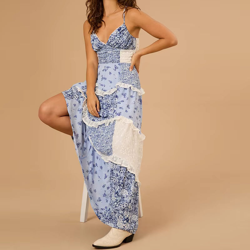 Floral Spaghetti Strap V-Neck Low Cut Ruffle Beach Style Flowy Maxi Dress