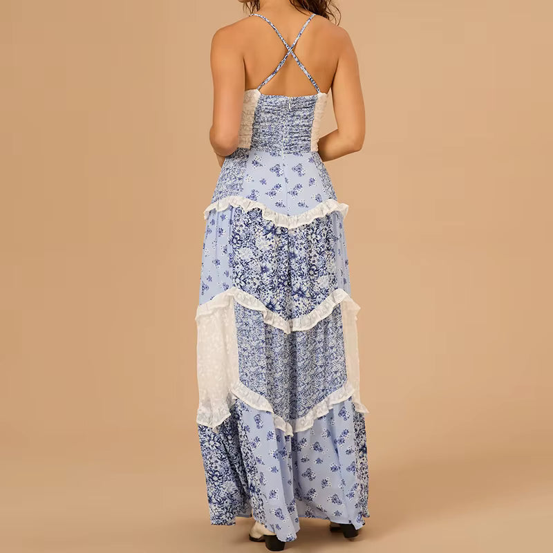 Floral Spaghetti Strap V-Neck Low Cut Ruffle Beach Style Flowy Maxi Dress