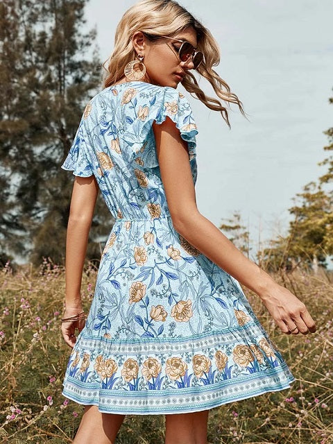 Floral V-neck Ruffles Short Sleeves Print Dress