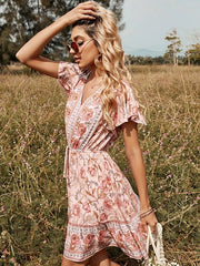 Floral V-neck Ruffles Short Sleeves Print Dress