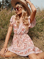 Floral V-neck Ruffles Short Sleeves Print Dress