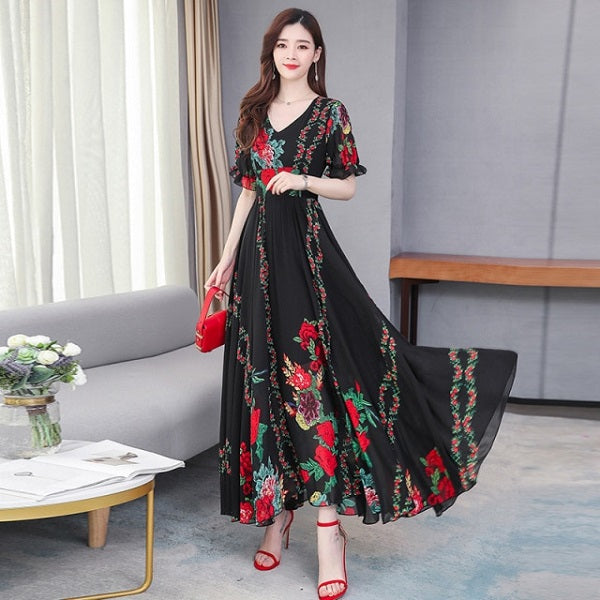 Floral V-neck Short Sleeve Big Swing Bohemian Dresses