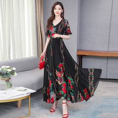 Floral V-neck Short Sleeve Big Swing Bohemian Dresses