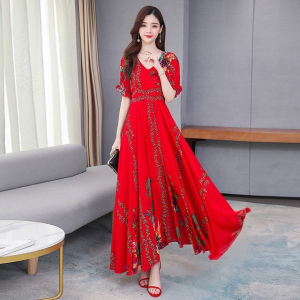 Floral V-neck Short Sleeve Big Swing Bohemian Dresses