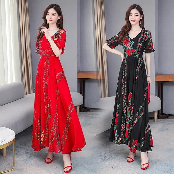 Floral V-neck Short Sleeve Big Swing Bohemian Dresses