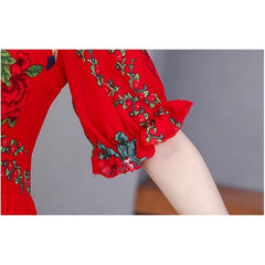 Floral V-neck Short Sleeve Big Swing Bohemian Dresses