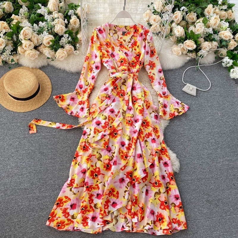 Floral Wrap Flare Sleeve A-line Ruffles Boho Print Long Maxi Dress