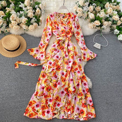 Floral Wrap Flare Sleeve A-line Ruffles Boho Print Long Maxi Dress