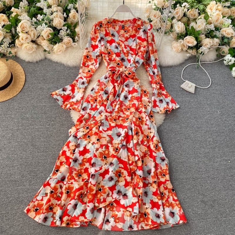 Floral Wrap Flare Sleeve A-line Ruffles Boho Print Long Maxi Dress