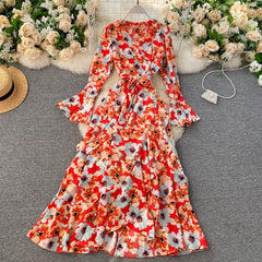 Floral Wrap Flare Sleeve A-line Ruffles Boho Print Long Maxi Dress