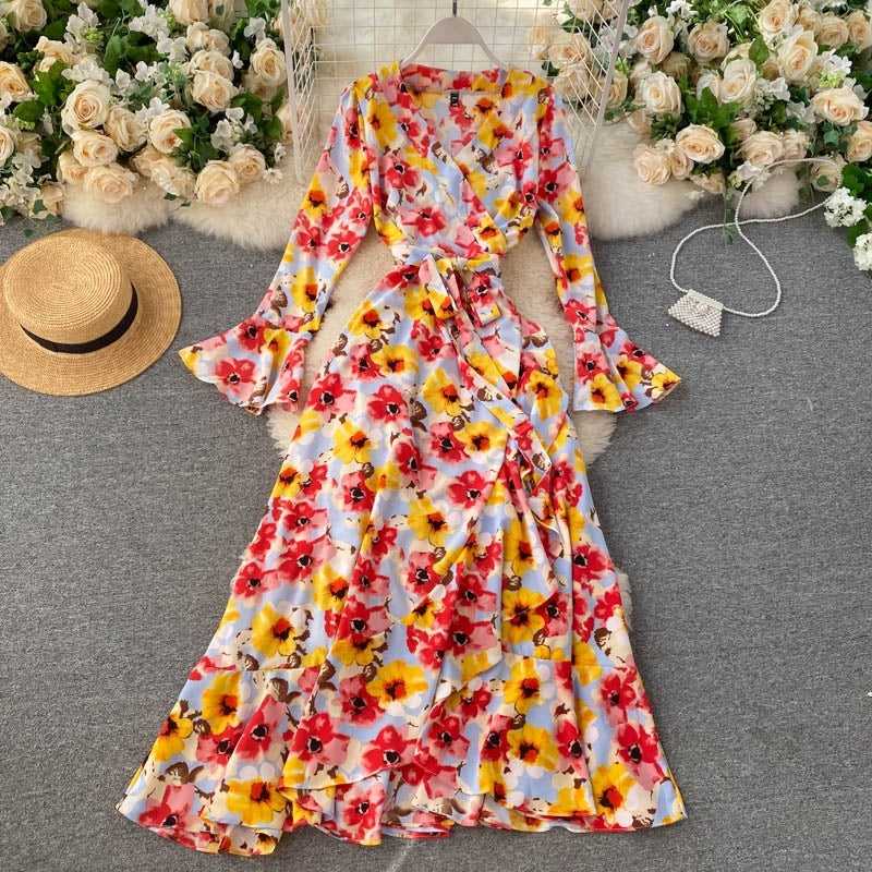 Floral Wrap Flare Sleeve A-line Ruffles Boho Print Long Maxi Dress