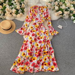 Floral Wrap Flare Sleeve A-line Ruffles Boho Print Long Maxi Dress