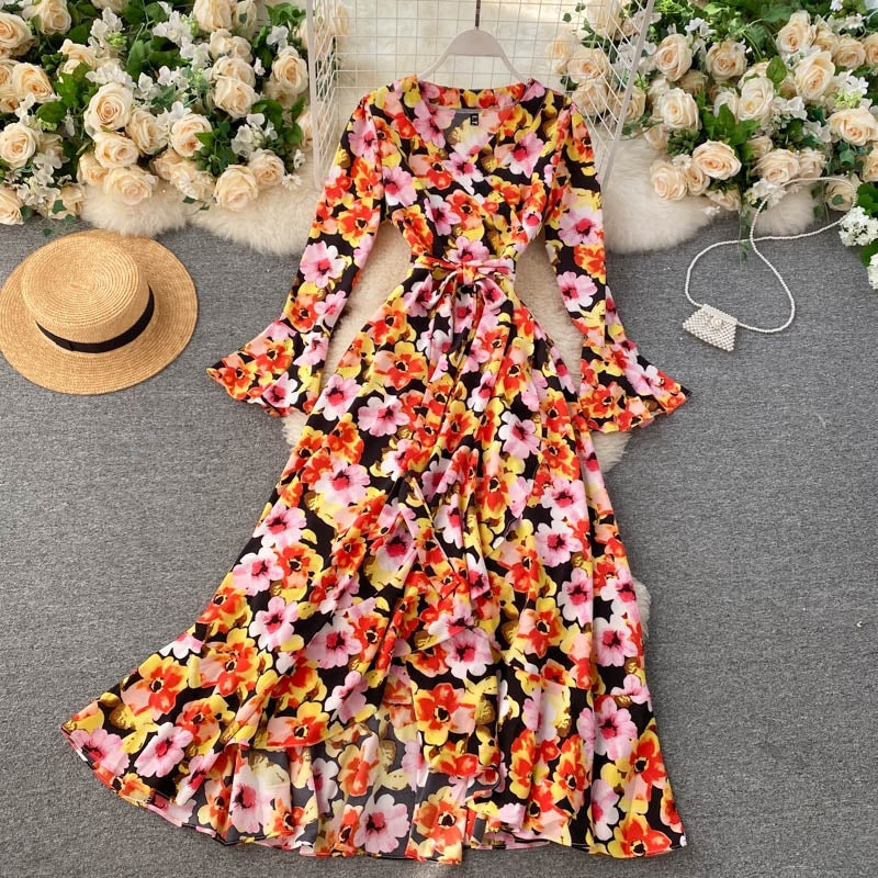 Floral Wrap Flare Sleeve A-line Ruffles Boho Print Long Maxi Dress