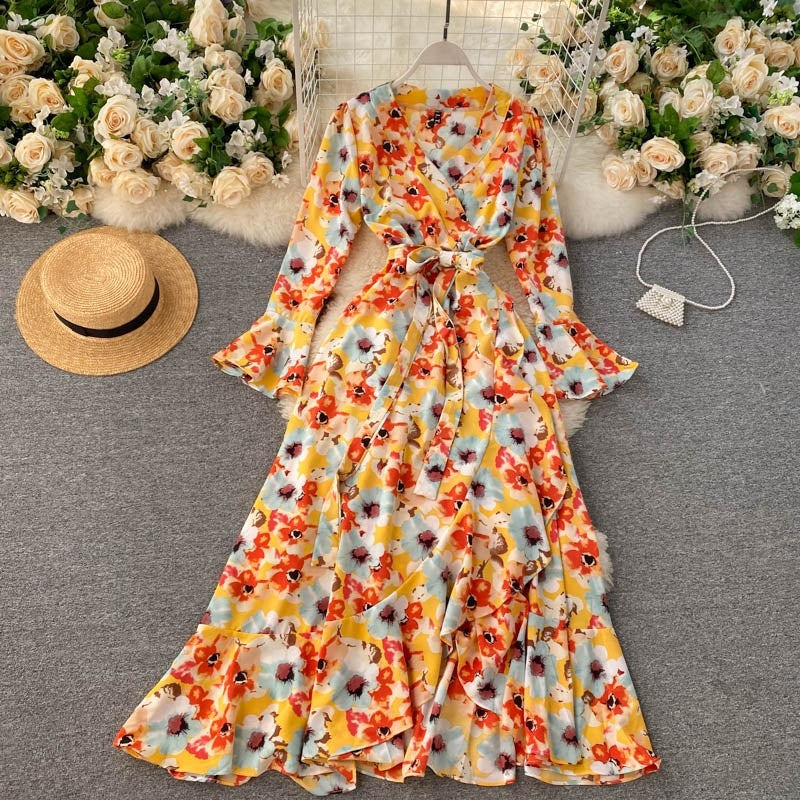 Floral Wrap Flare Sleeve A-line Ruffles Boho Print Long Maxi Dress