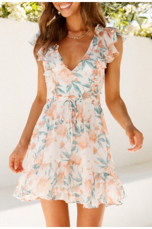 Floral print Casual high-waist ruffled short dress