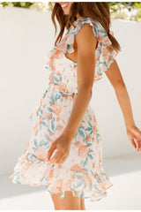 Floral print Casual high-waist ruffled short dress