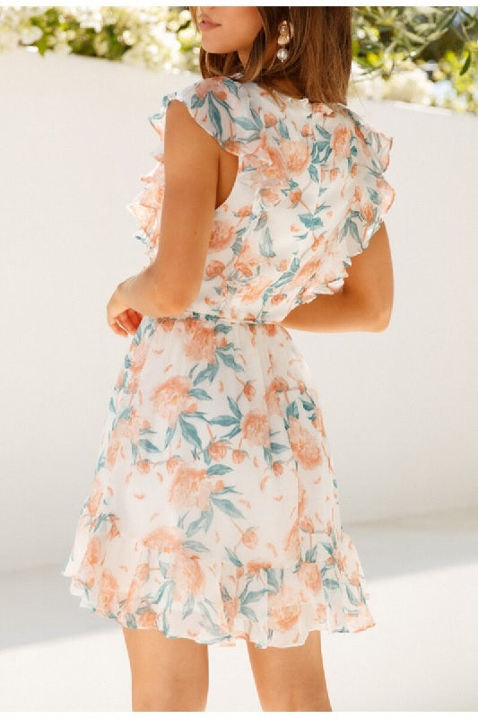 Floral print Casual high-waist ruffled short dress